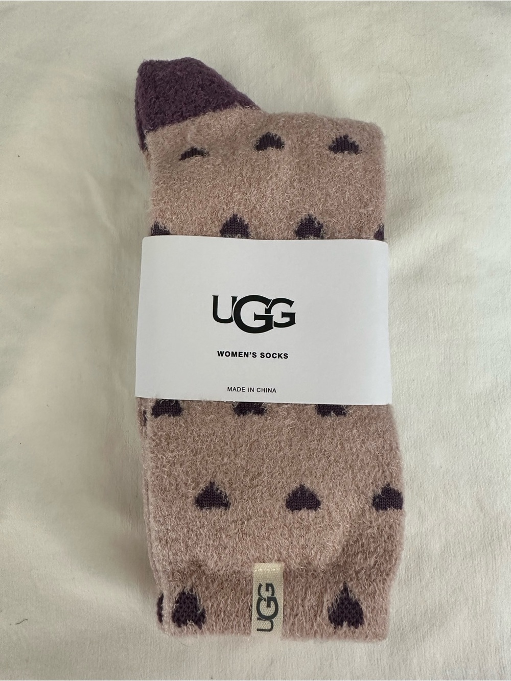 UGG Women's Fuzzy Socks in Taupe with Dark Brown Heart Accents